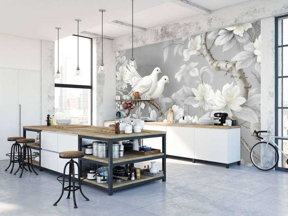 Witte duiven met magnoliabloesem