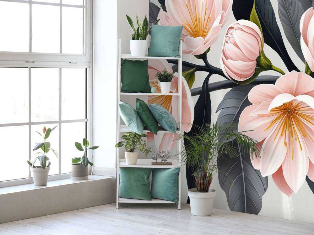 Roze magnoliabloemen met donkere bladeren