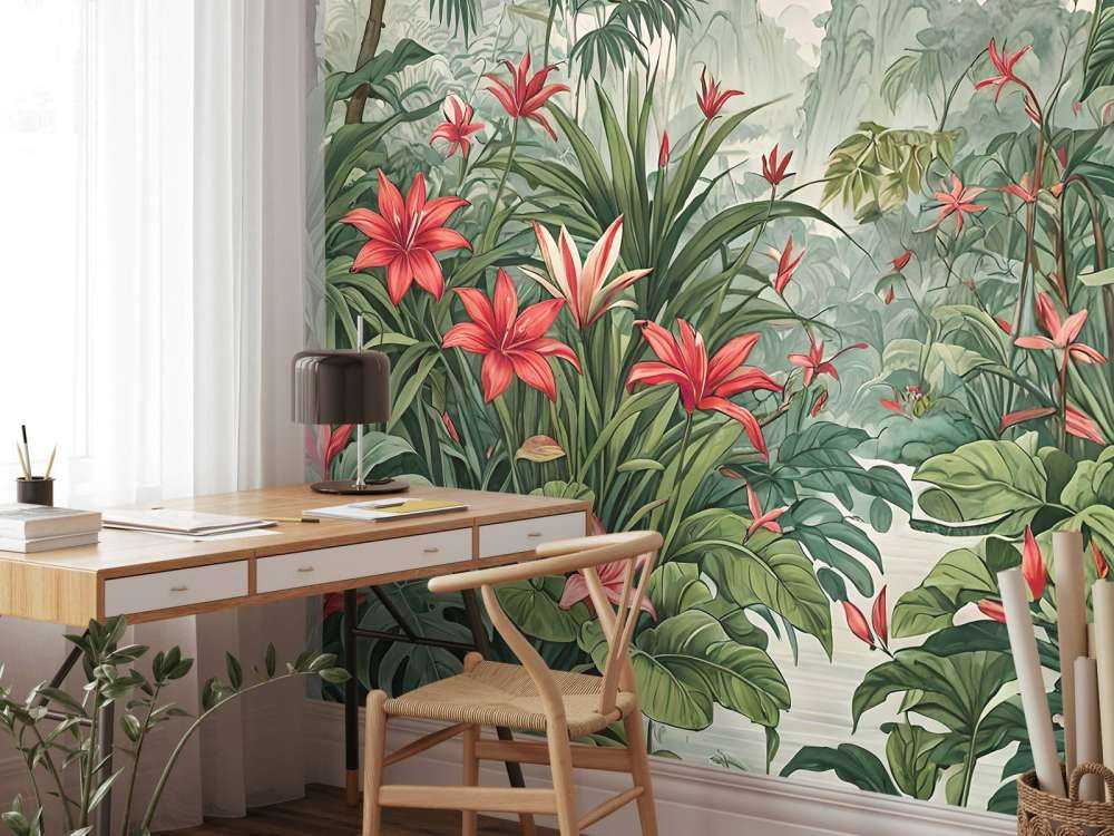 Tropisch leliebos in ochtendmist