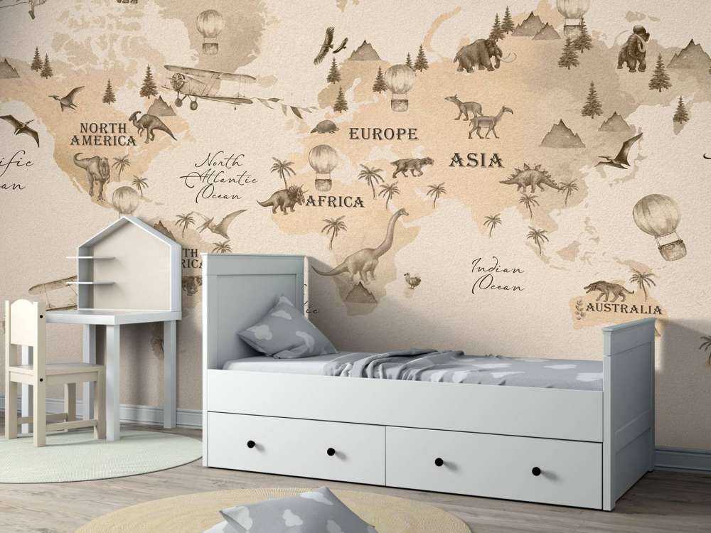 Wereldkaart met dino's beige