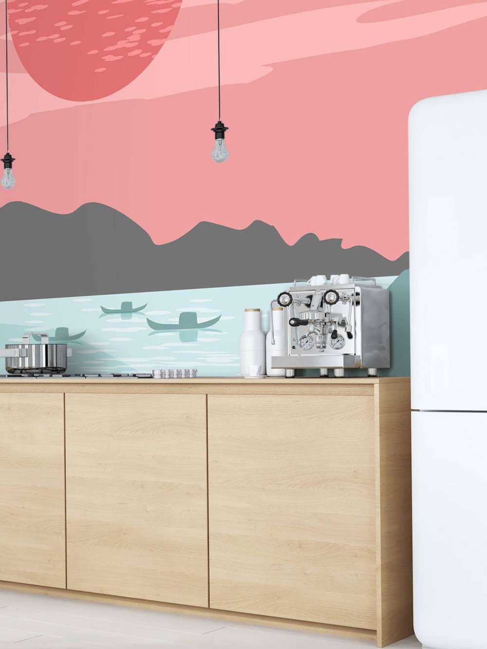 Illustratie van bergen en bootjes