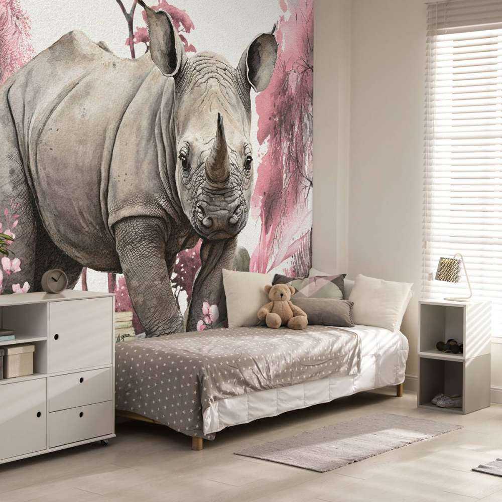 Baby neushoorn op de savanne roze