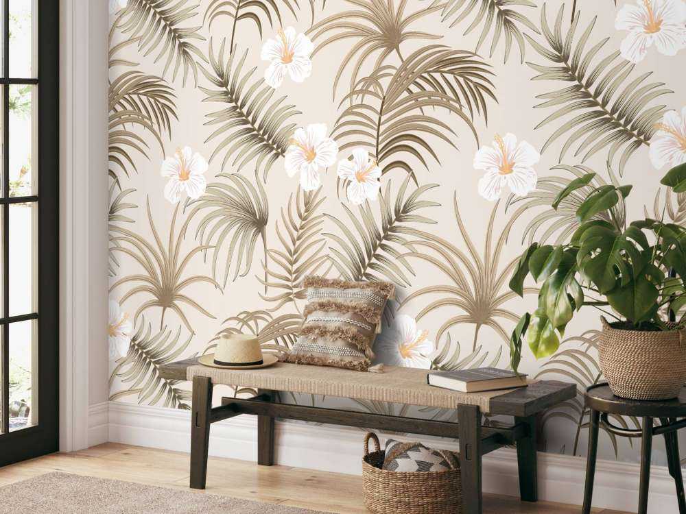 Palmboombladeren en bloemen