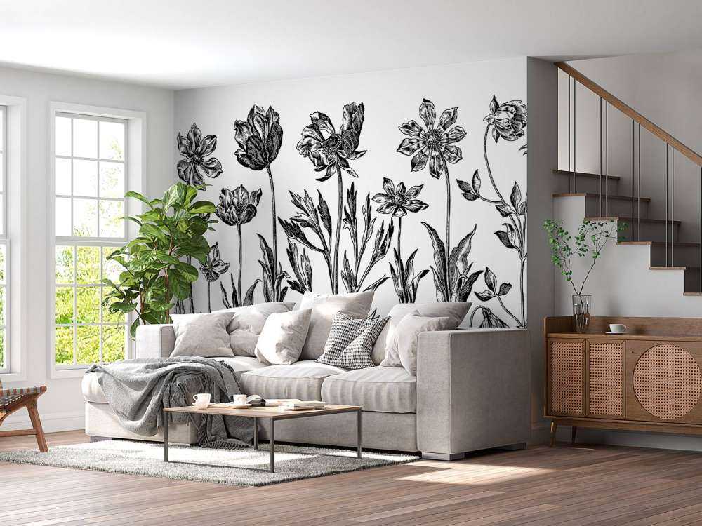 Historic flower drawing script black white