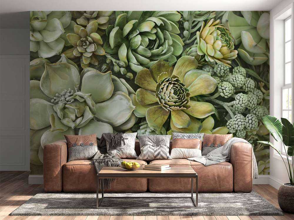 Green botanical succulents vertical garden