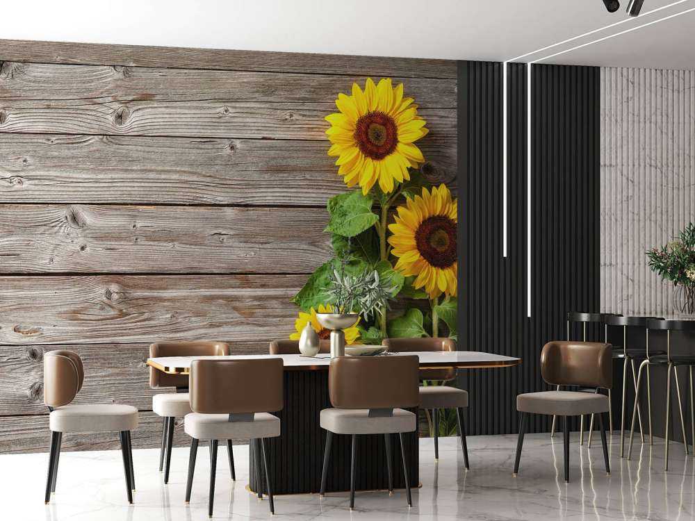 Zonnebloemen en hout