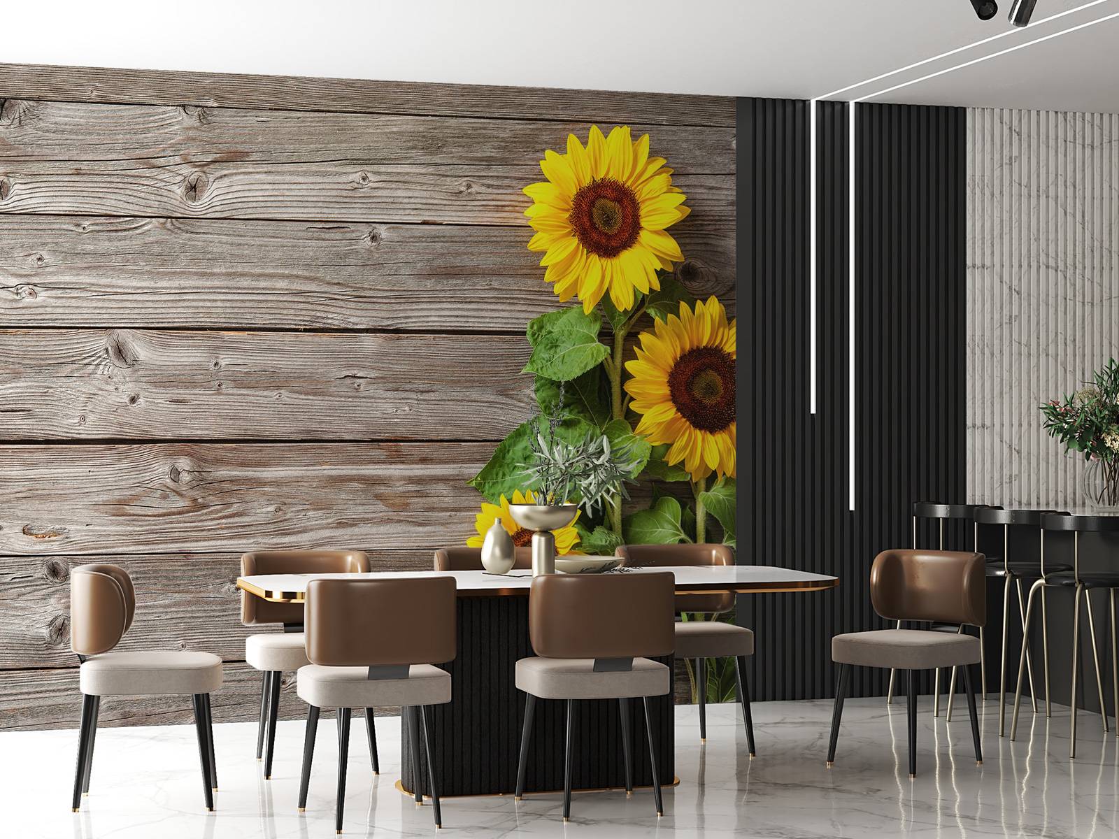 Zonnebloemen en hout