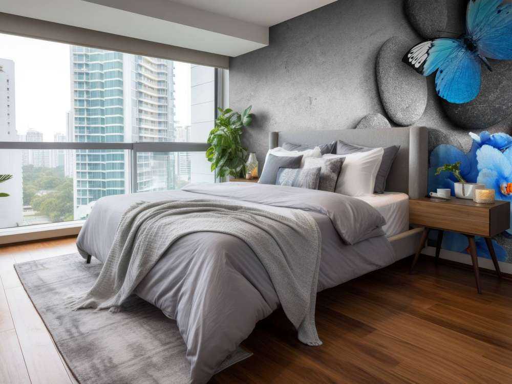 Grijze stenen met een blauwe vlinder en bloemen