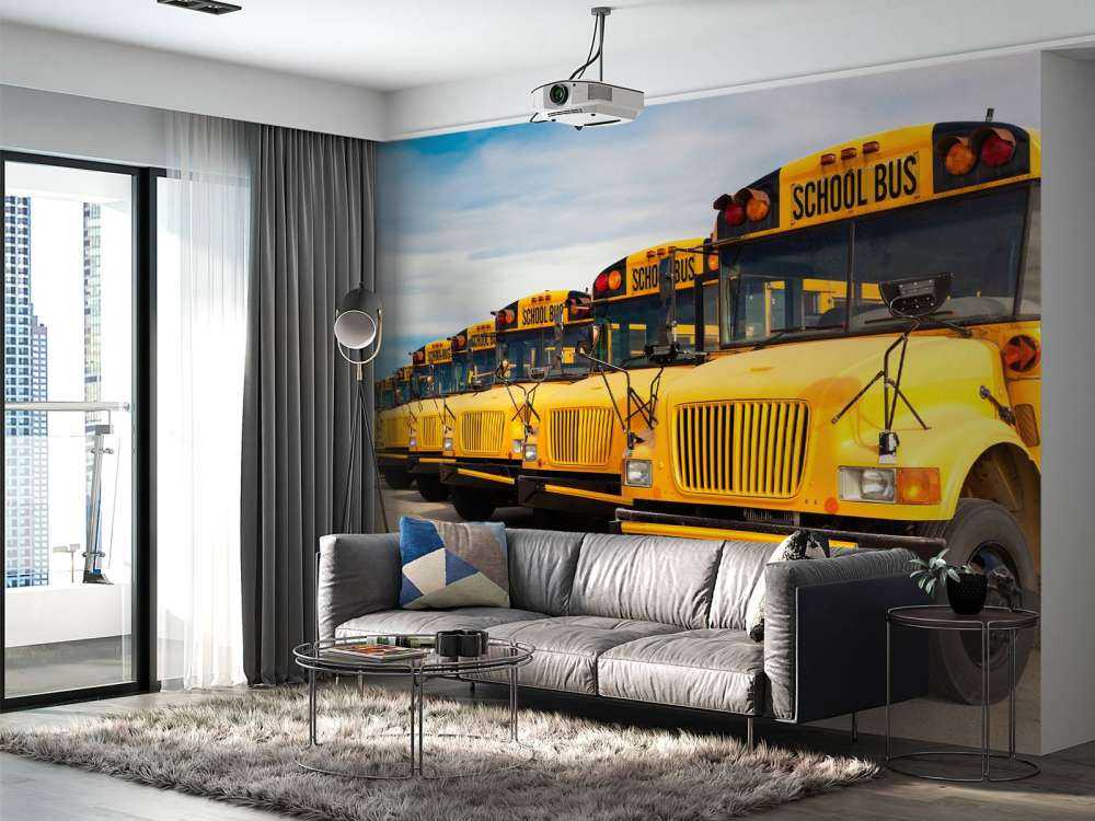 Rij met gele schoolbussen