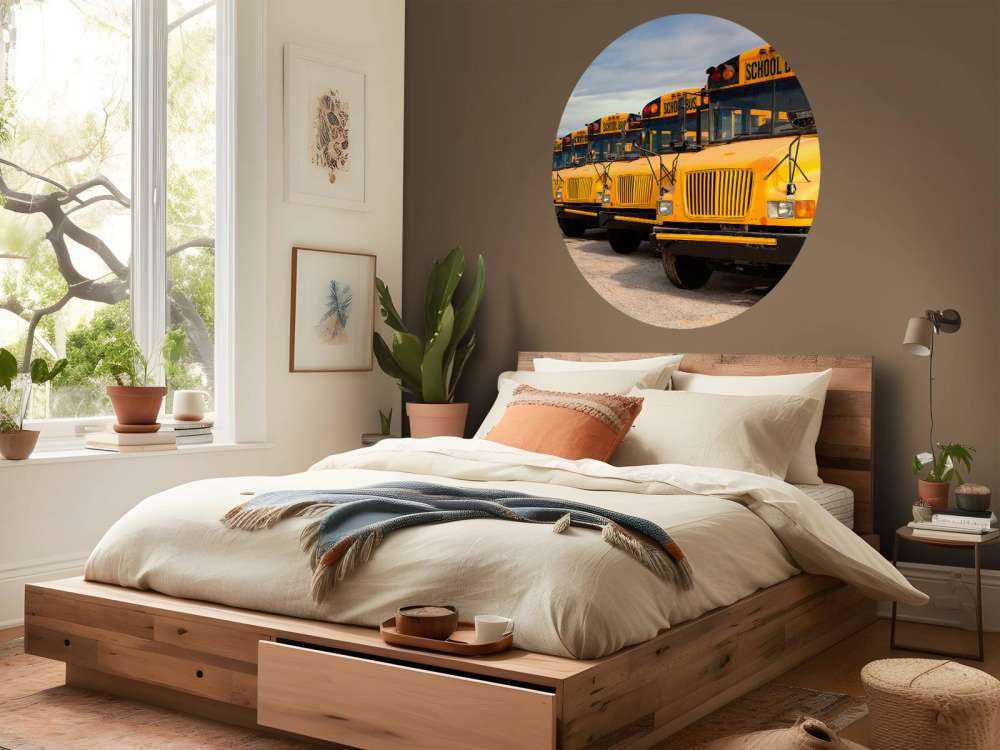 Rij met gele schoolbussen