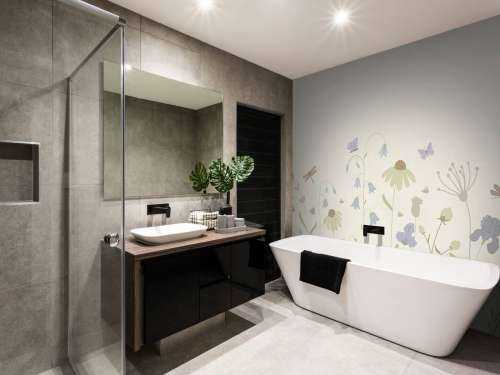 Bloemenveld hoog met vlinders beige, oud roze, groen en lila