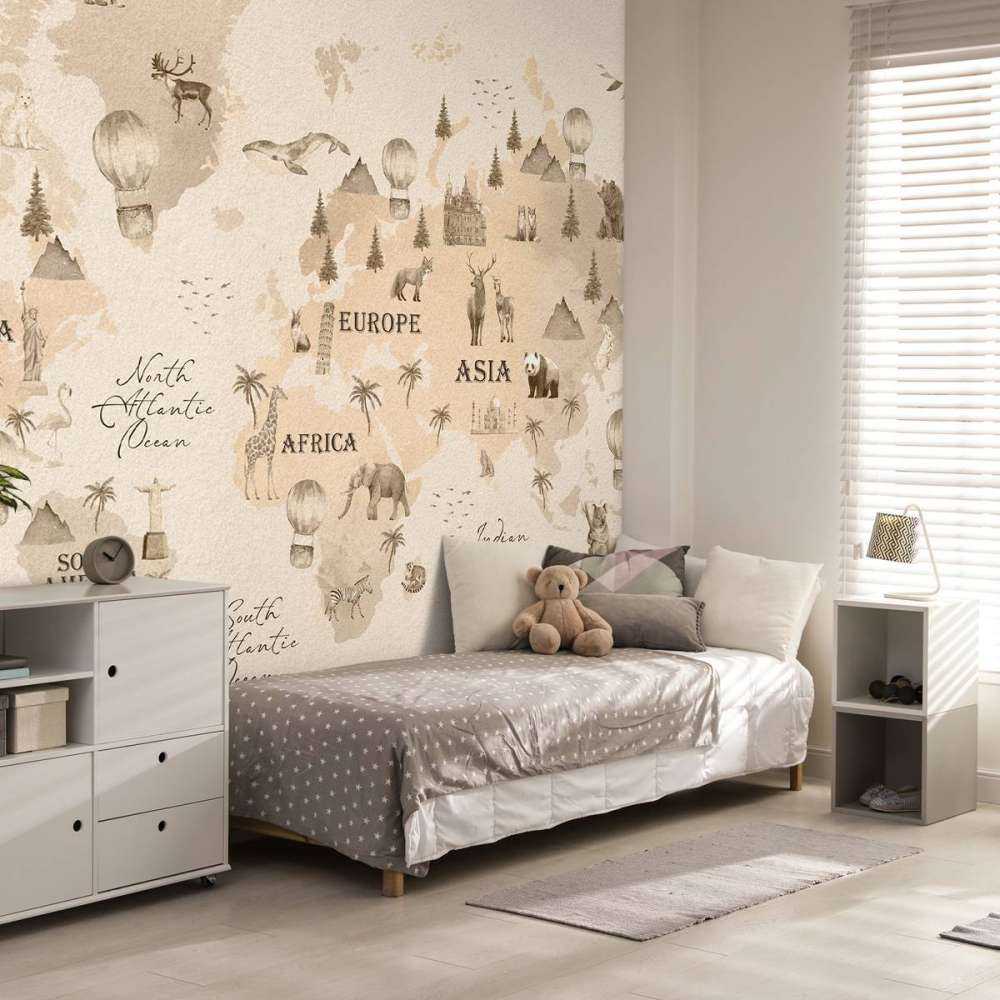 Wereldkaart met verschillende dieren beige