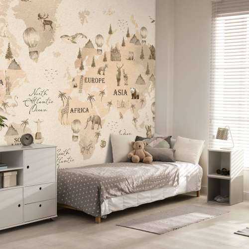 Wereldkaart met verschillende dieren beige