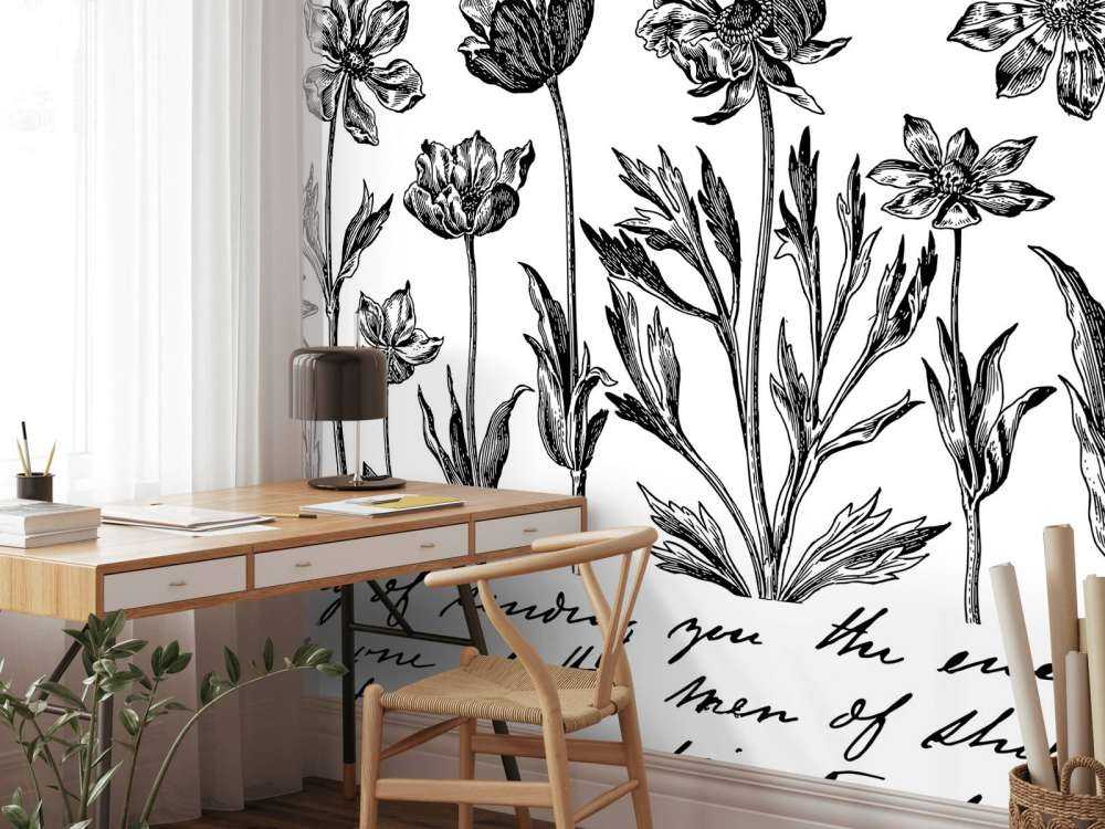 Historic flower drawing script black white