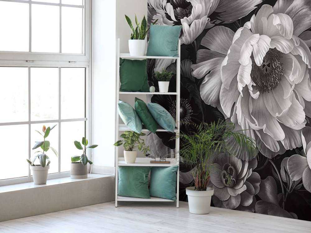 Baroque maximalistic flower garden greyscale