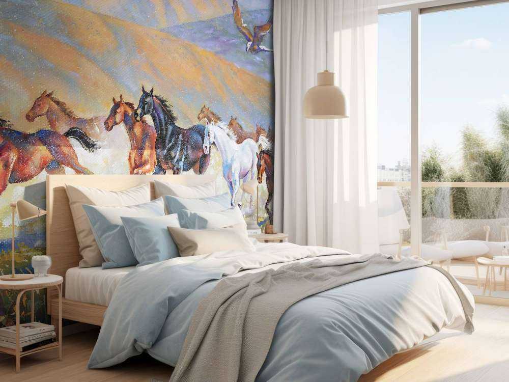 Schilderij van paarden en een vliegende adelaar