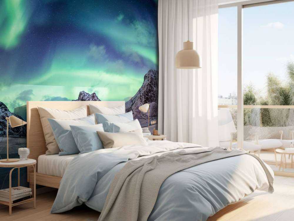 Noorderlicht boven besneeuwde bergen