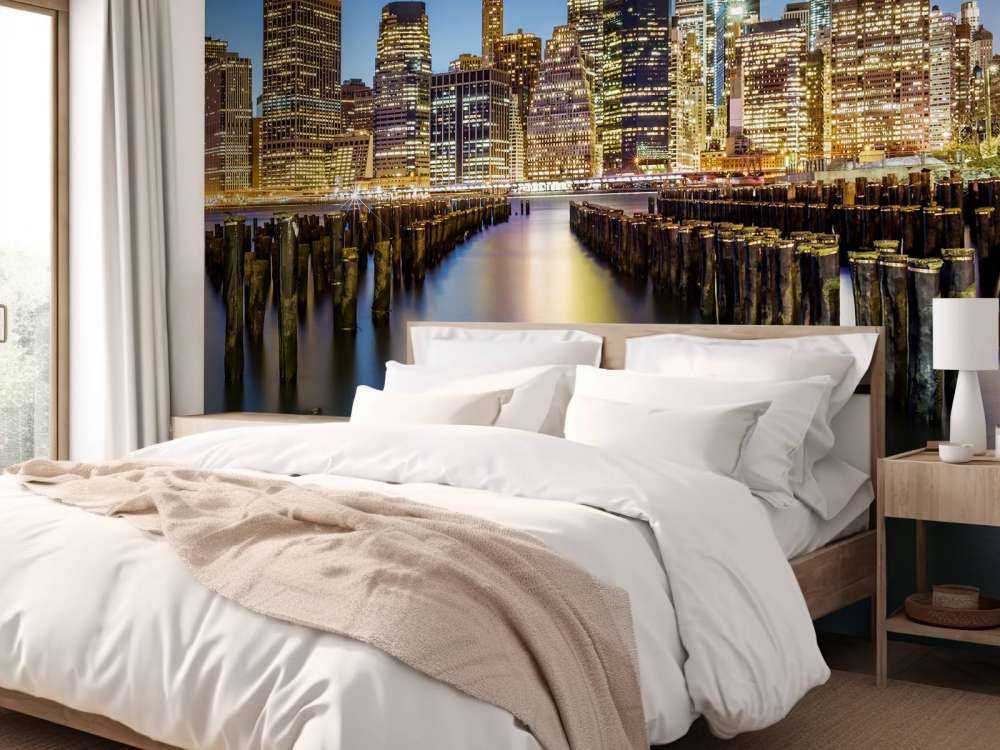 Lower Manhattan vanaf een oude pier in Brooklyn