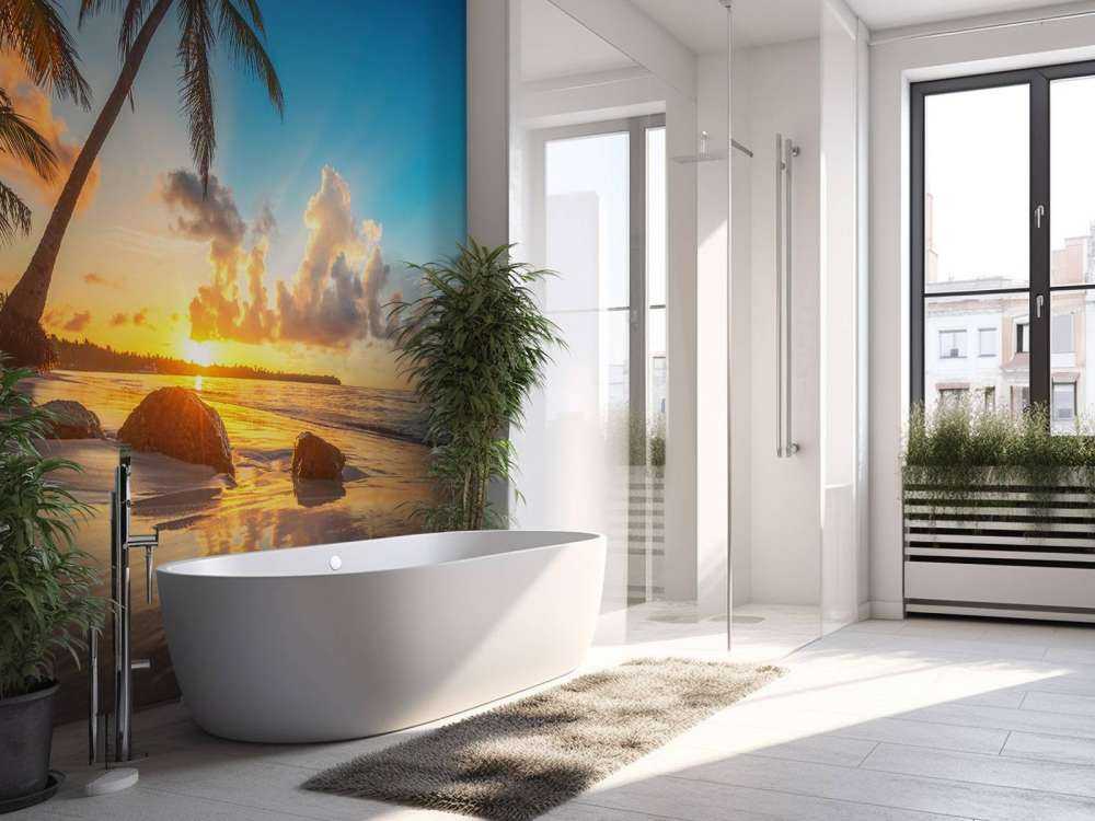 Tropisch strand bij zonsondergang