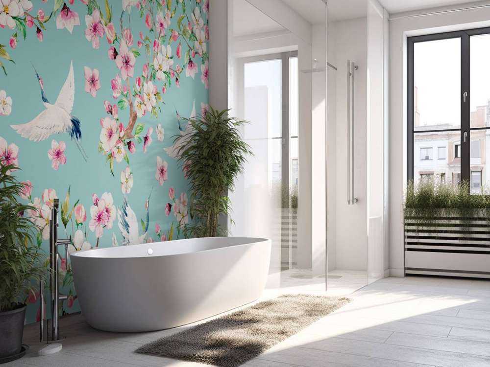 Kraanvogels tussen roze bloemen