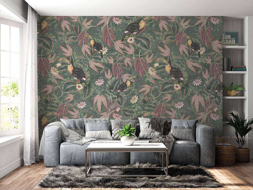 Tropische Jungle vogels & Toekans - donker groen