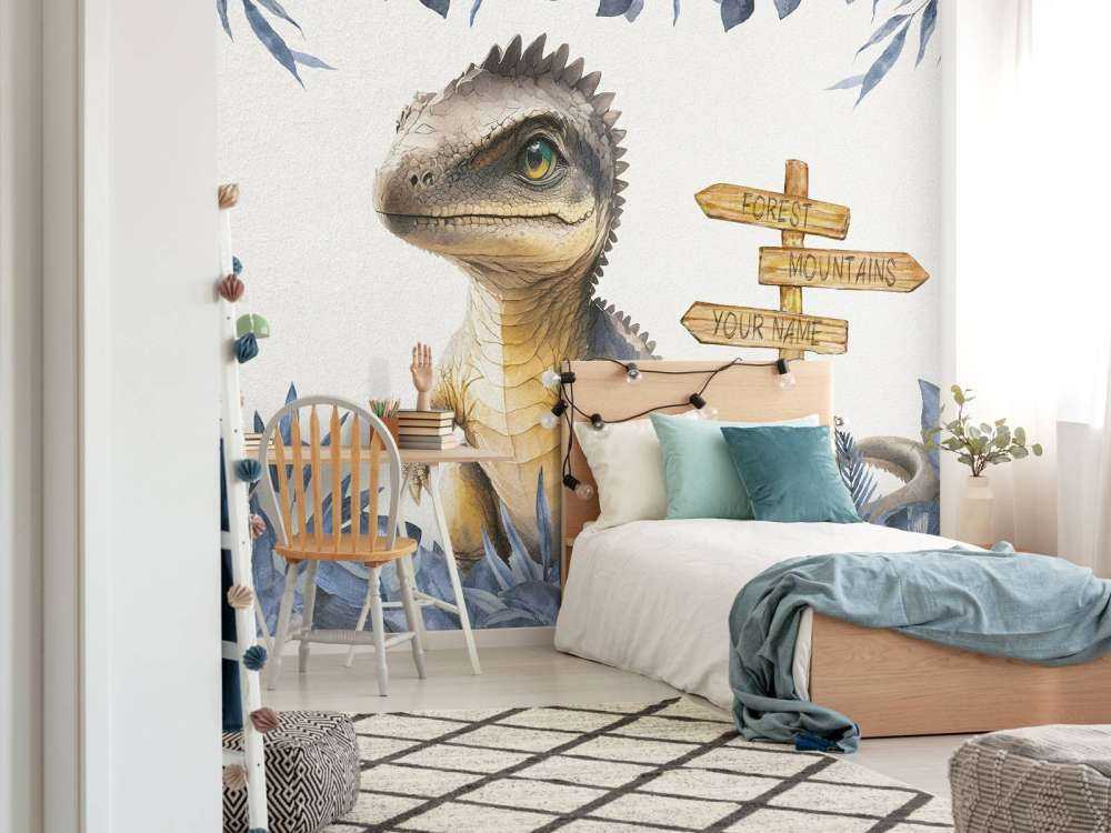 Baby spinosaurus in de jungle blauw