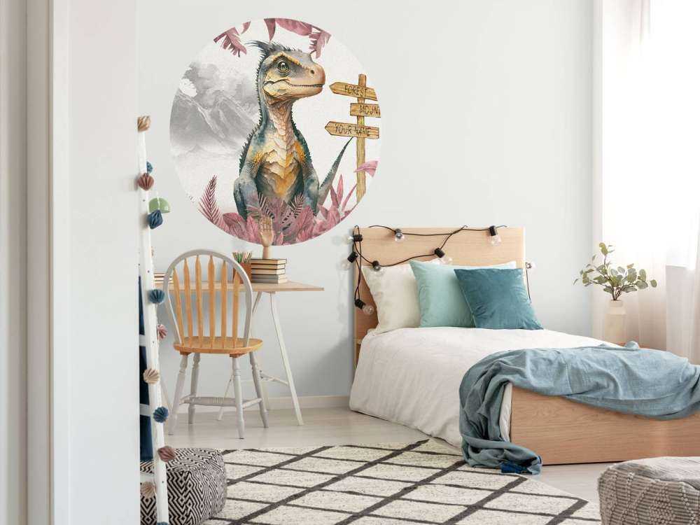 Baby velociraptor in de jungle roze