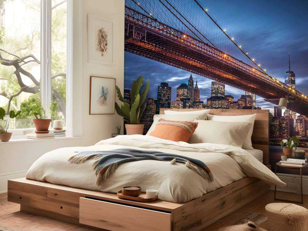 Brooklyn Bridge and lower Manhattan skyline at dusk, New York