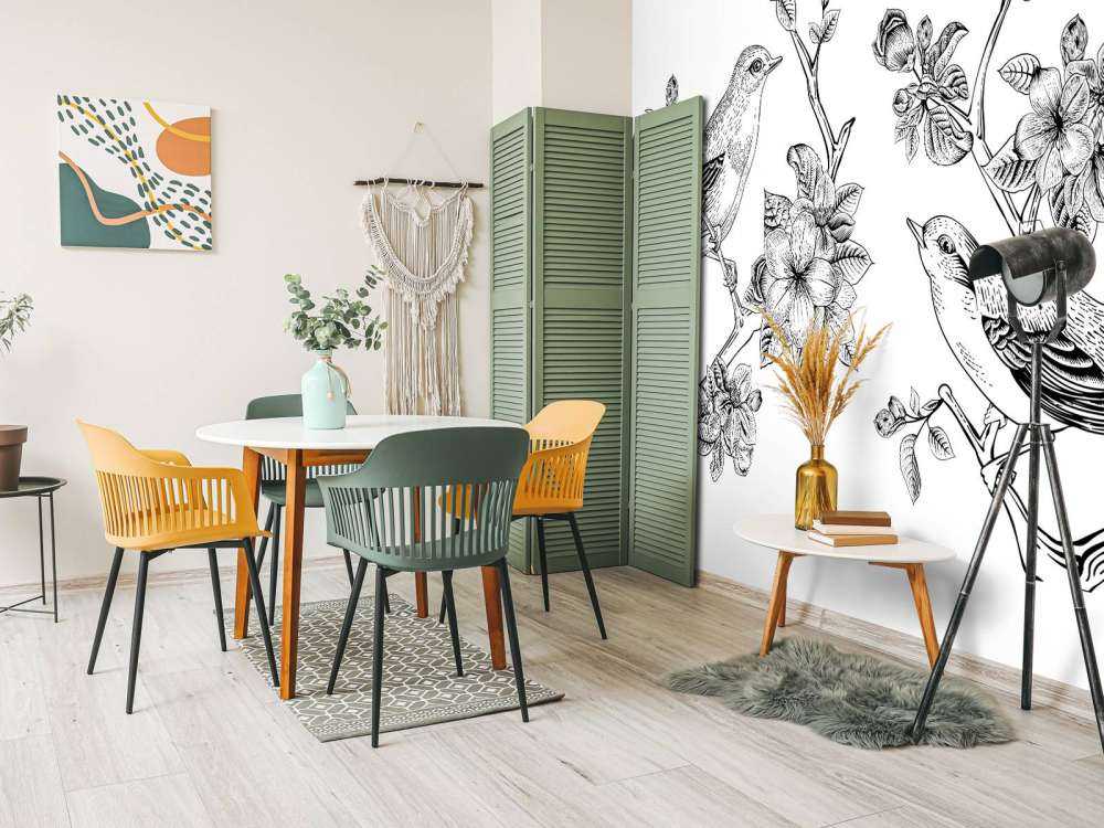 Tekening van vogels op een tak met appelbloesems