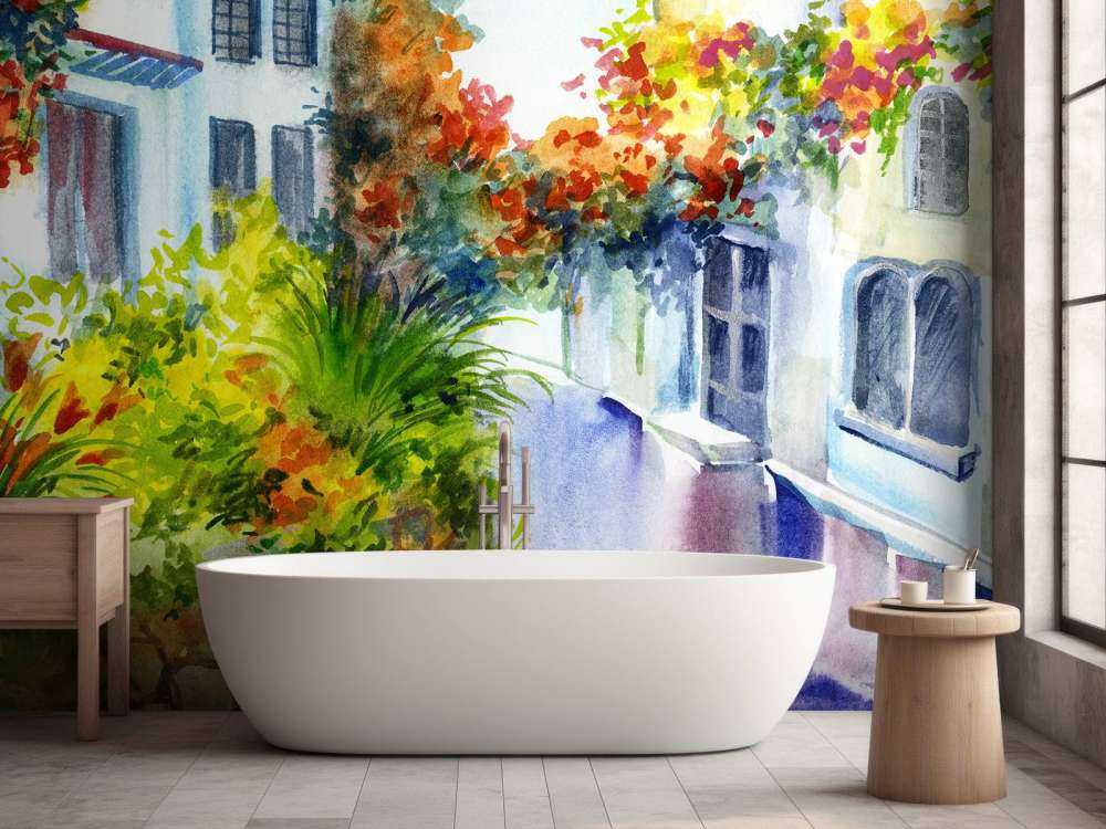 Waterverf bloemen en gebouwen