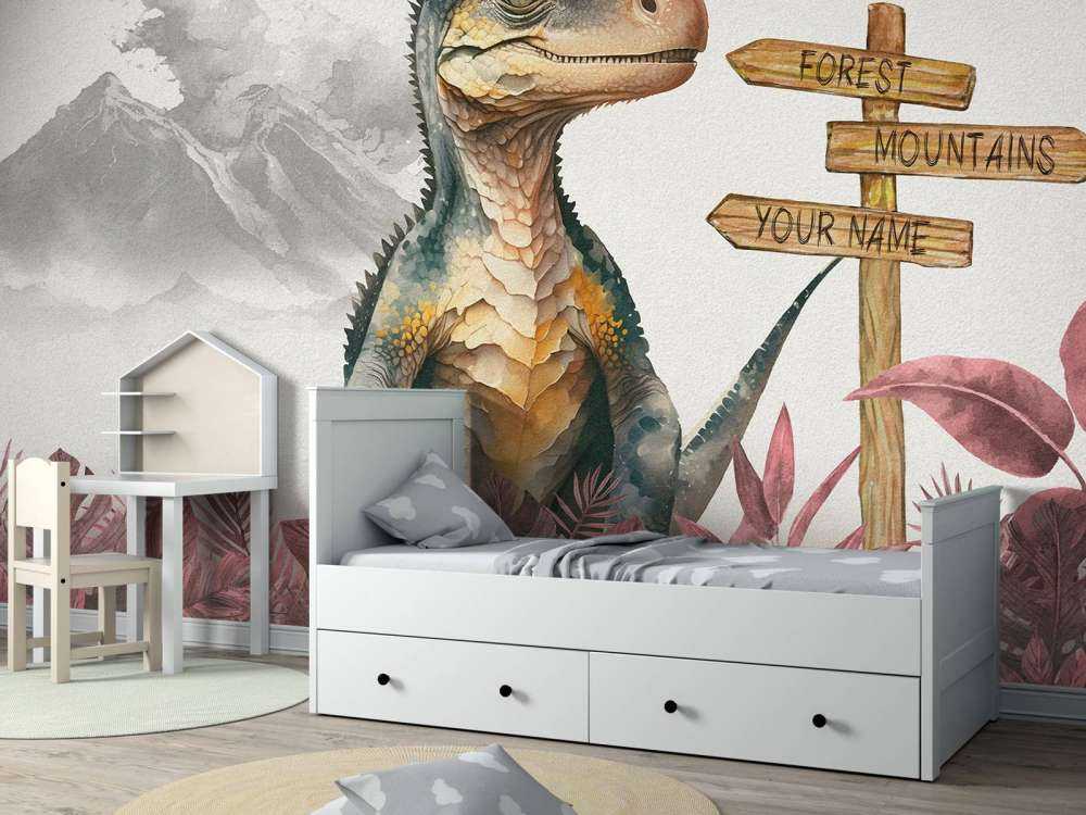 Baby velociraptor in de jungle roze