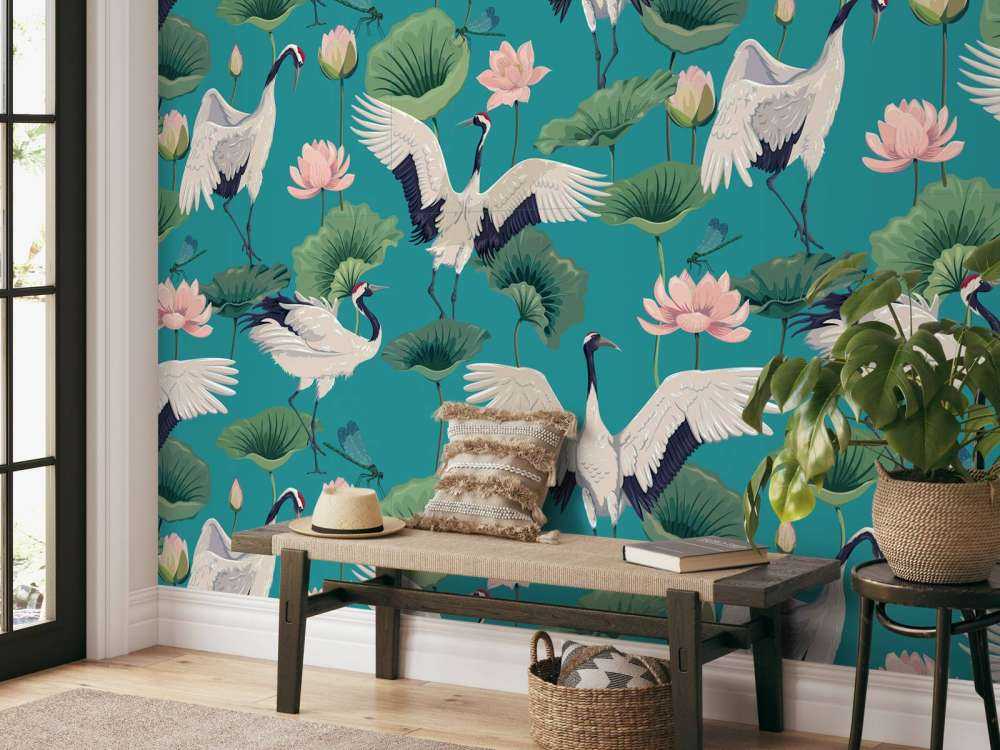 Witte kraanvogels, donkerblauw