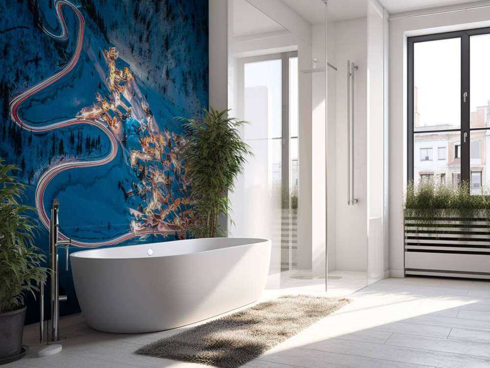 Verlicht bergdorp met slingerende bergweg