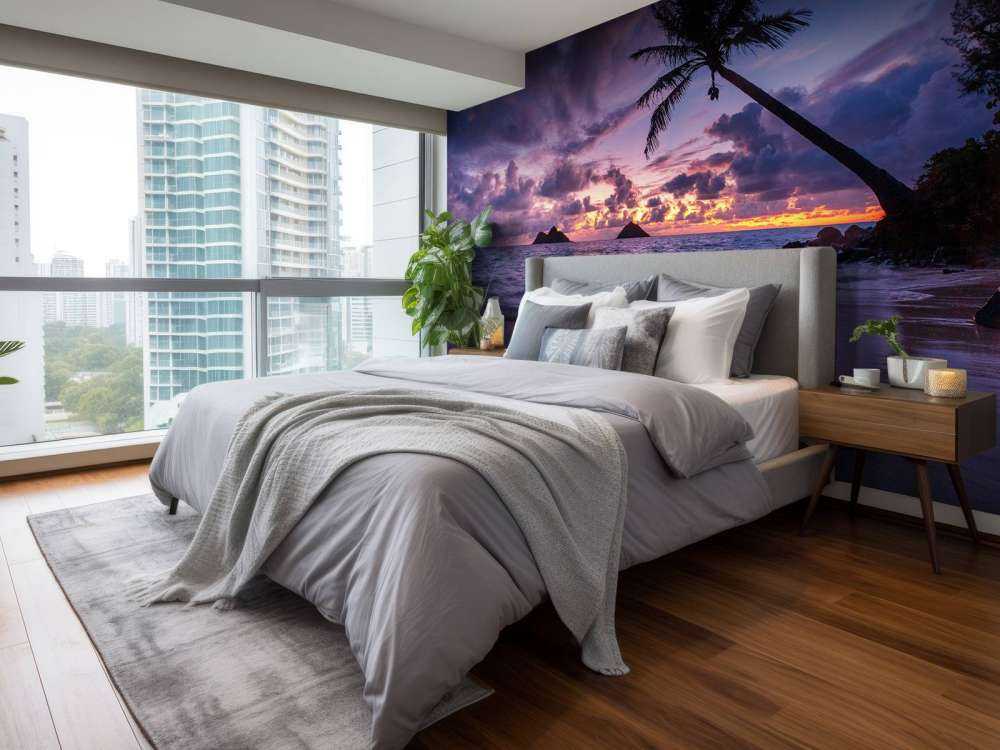 Tropische Kust Bij Paarse Zonsondergang