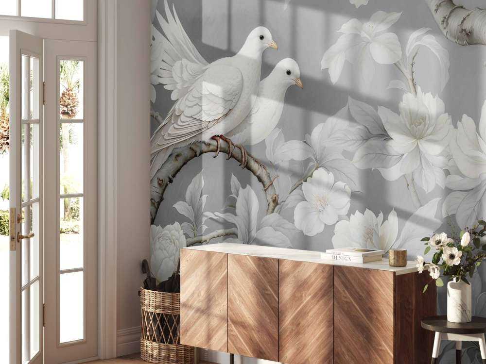 Witte duiven met magnoliabloesem