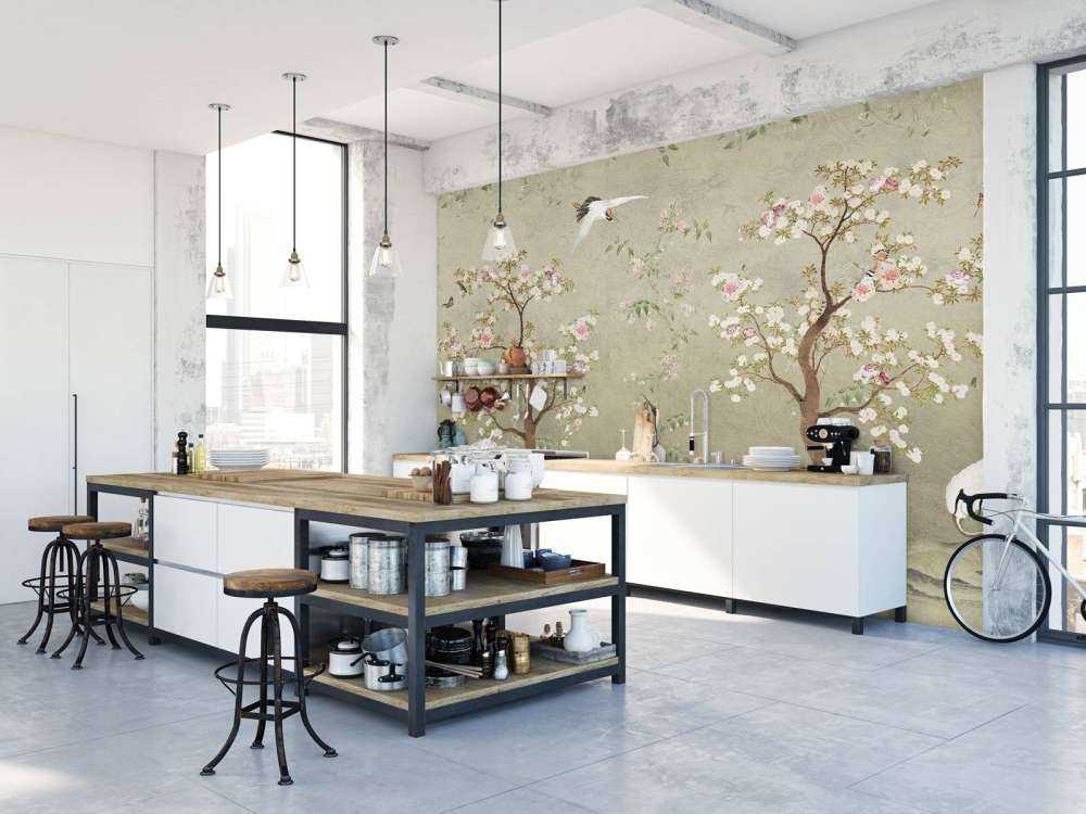 Bloeiende kersenbomen met kraanvogels