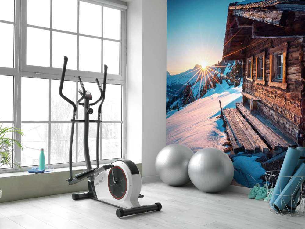 Ochtendlucht bij houten alpenhut