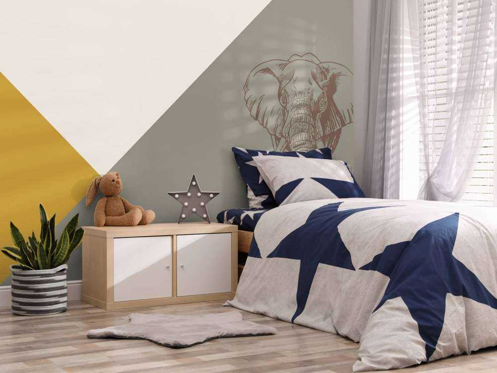 Driehoeken in okergeel en groen met olifant