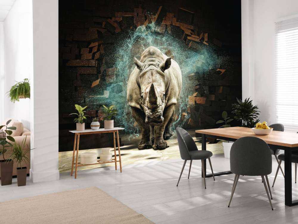 Neushoorn breekt door de muur