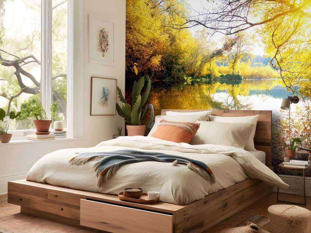 Witte Zwaan op Rivier met herfst