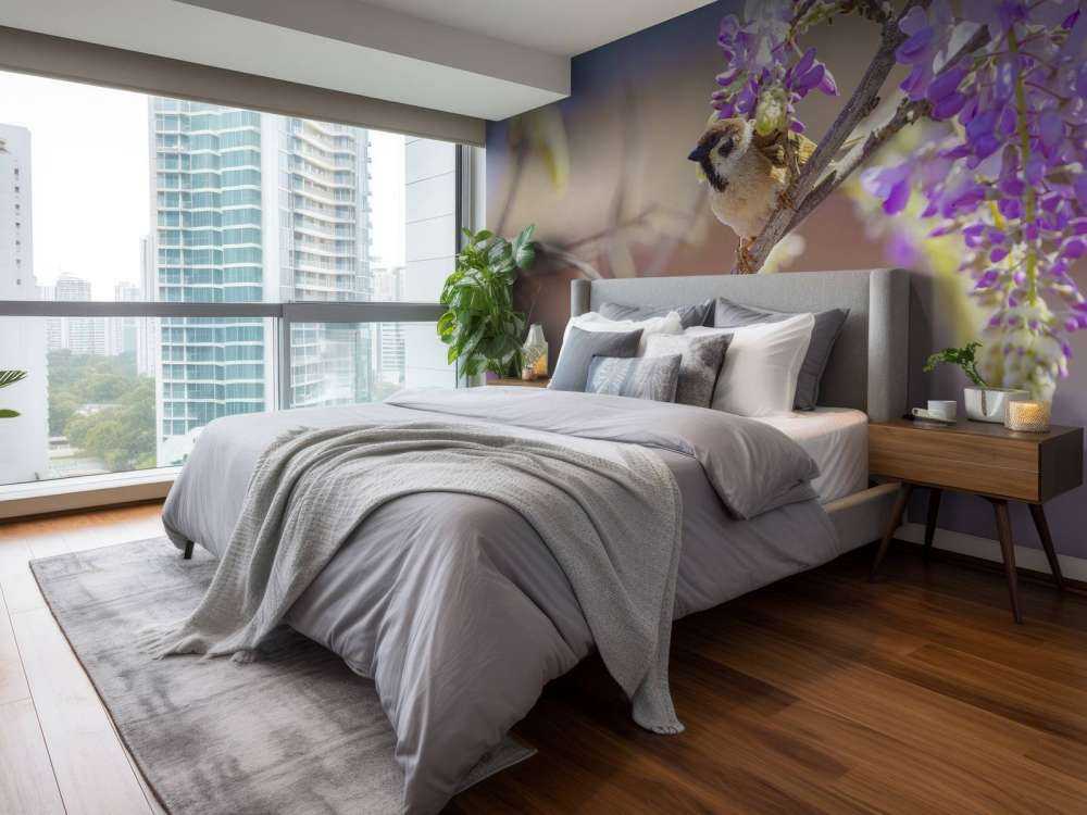 Mus en paarse bloemen