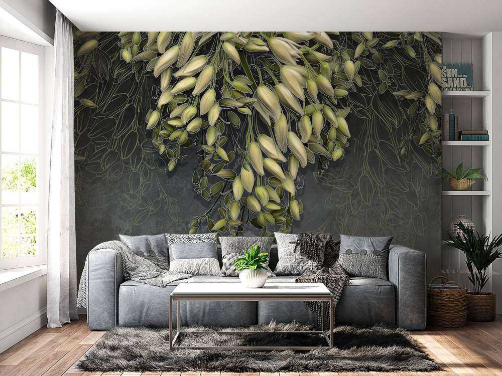 Witte bloemkelken op een donkergrijze betonstructuur