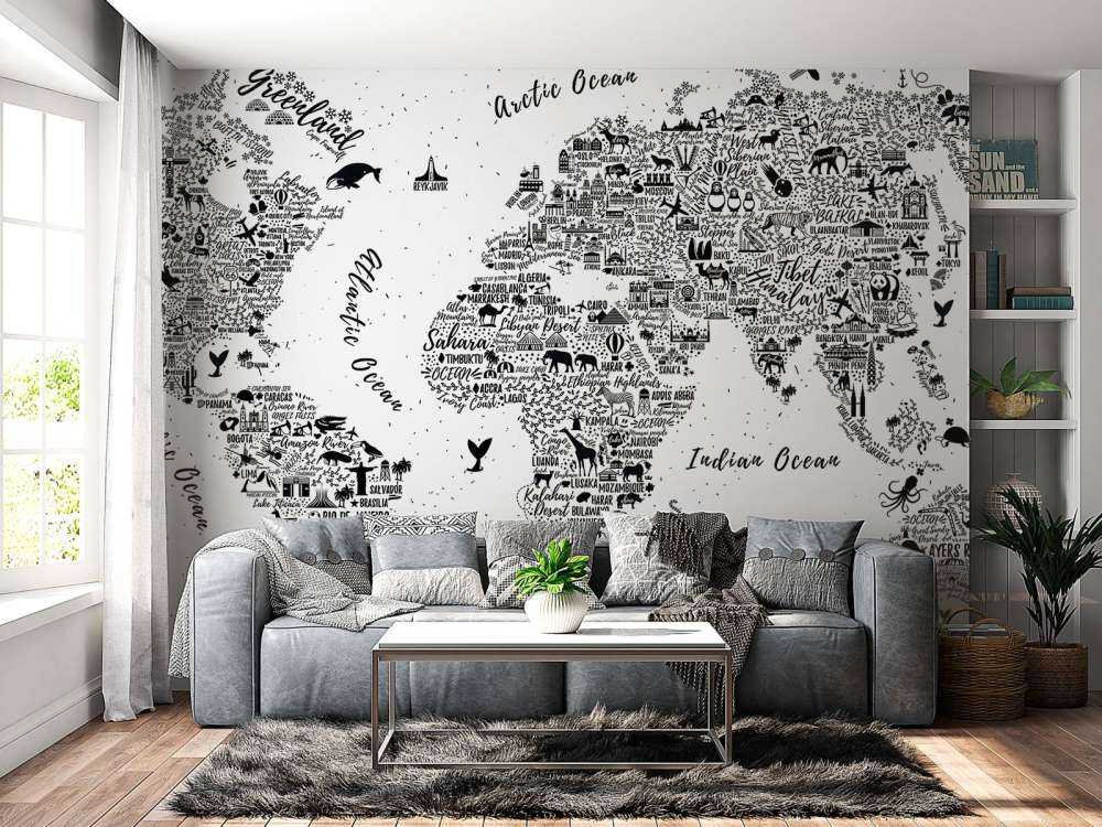 Wereldkaart in zwart-wit