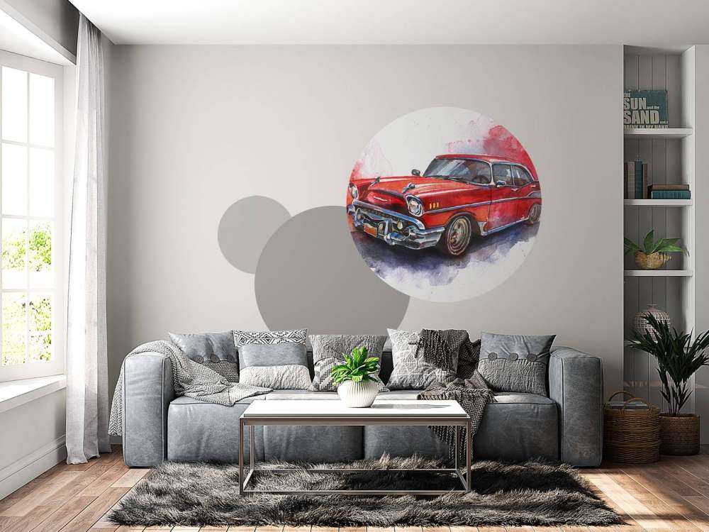 Aquarel van een rode ouderwetse auto