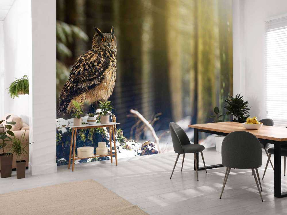 Uil in een sneeuwig bos