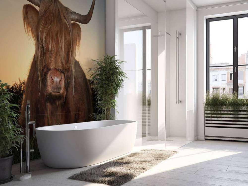 Schotse Hooglander in het gras bij zonsondergang