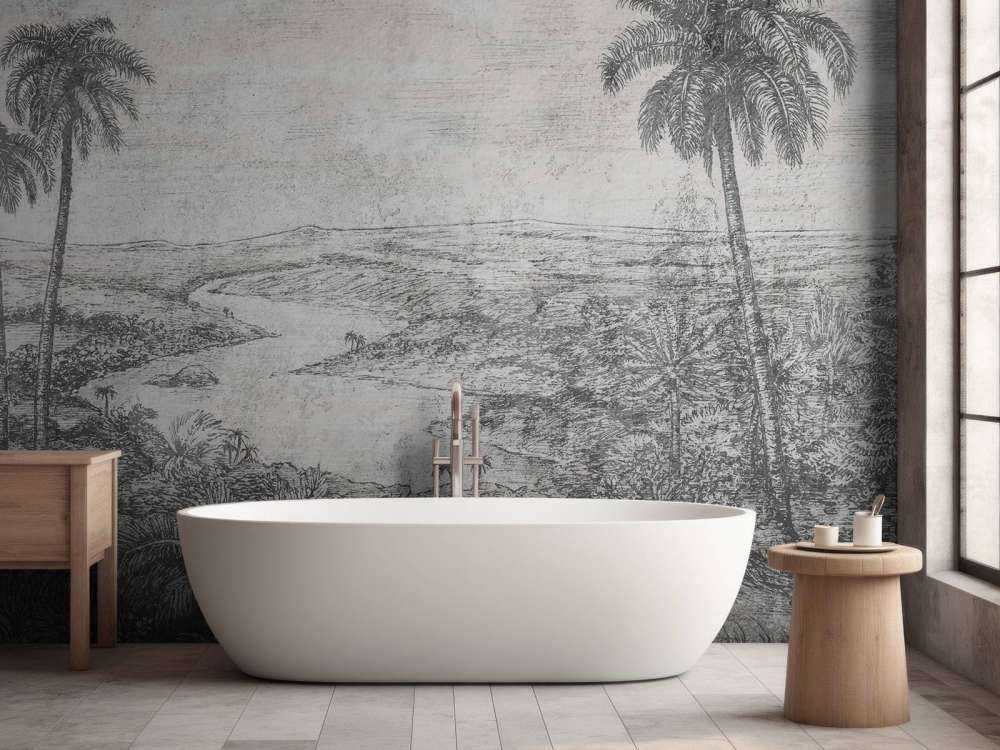 Palmenlandschap in grijze gravurestijl