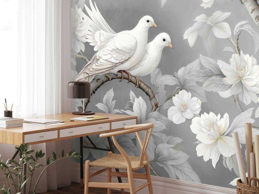 Witte duiven met magnoliabloesem