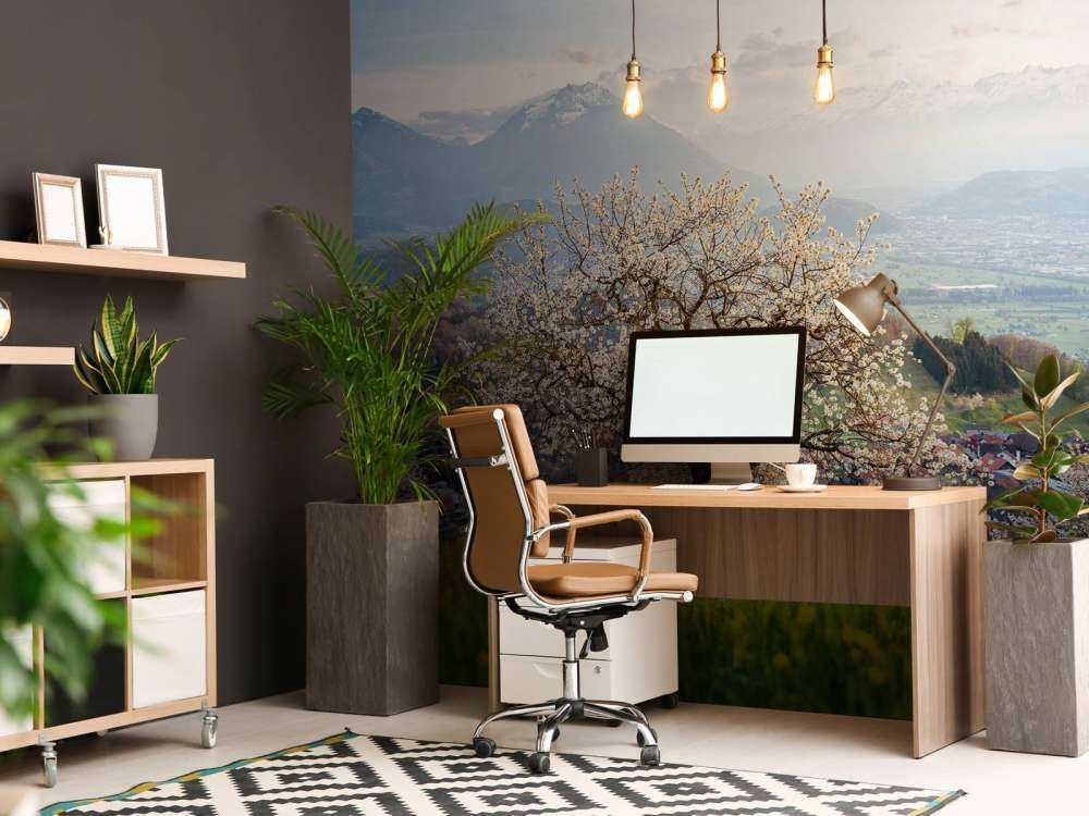 Bloesemboom in bergdal bij lentezon