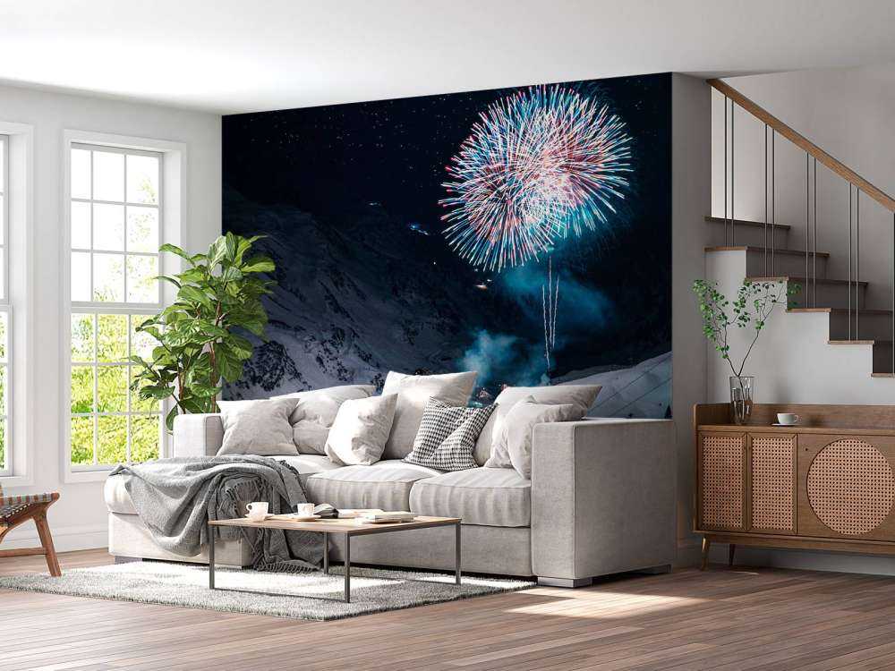 Vuurwerk boven winters bergdorp